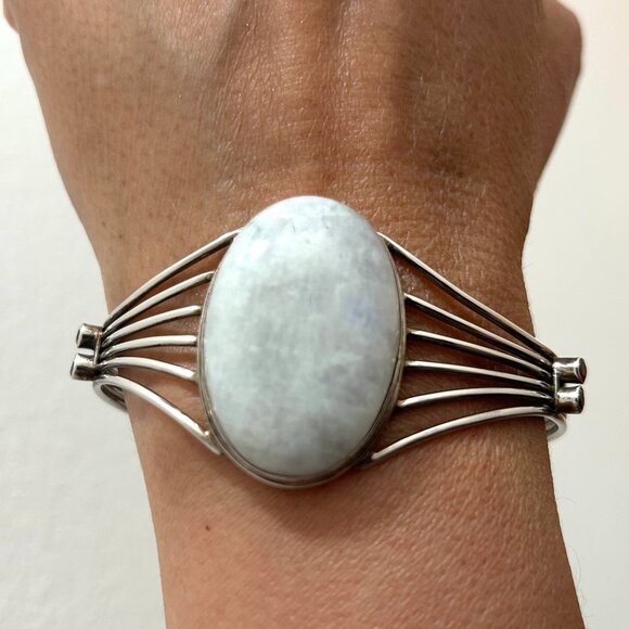 Jewelry - Sterling Silver Wide Bold White Stone Red Garnet Cuff Bracelet Marked 925